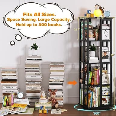 Aheaplus Rotating Bookshelf, 360 Display Wood Spinning Bookshelf, Floor Standing Bookcase Narrow Shelf Revolving Organizer Storage Rack for Small Space, Bedroom, Study Room, Black - Image 4