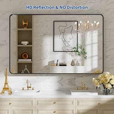 WEER 48X30 Inch Black Metal Framed Bathroom Mirror, Matte Black Bathroom Vanity Mirror, Rectangular Black Wall Mirror for Bathroom, Tempered Glass, Rounded Corner, Hangs Horizontal or Vertical - Image 2