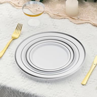 AOZITA 200Pcs Silver Plastic Plates, Disposable Plastic Party Plates for Party, Wedding and Birthday - Image 6