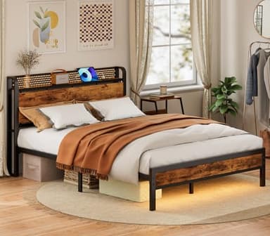 Furnulem Full Bed Frame with LED Lights,Industrial Storage Headboard with Charging Station,USB Port,Under Bed Storage,Wood Platform with Strong Metal Support,No Box Spring Needed, Silent - Image 8