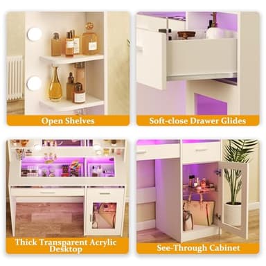 HUAHUU Vanity Desk with Mirror and Lights, Makeup Vanity Desk with Lights 3 Colors, Transparent Top Vanity with 2 RGB Drawers, 6 Shelves, Large Tempered Cabinet, Power Outlet, for Bedroom, White - Image 4