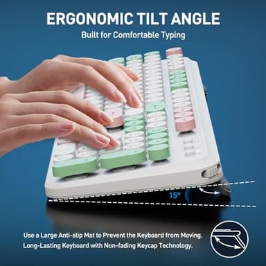 FD 2.4GHz Wireless Keyboard and Mouse Set with Switch Button - Full-Size Keyboard - Compatible for Windows/Laptop/PC/Notebook/Smart TV and More - Milky White Green Colorful - Image 6