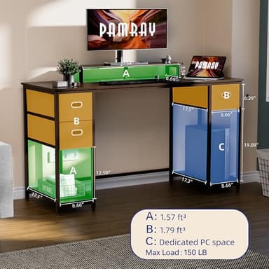 Pamray 55 Inch Computer Desk with Non-Woven Storage Drawers and Monitor Stand Home Office Desk for Bedroom Study Table Writing and Work Desk Black - Image 3