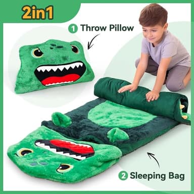 iPlay, iLearn Kids Dinosaur Sleeping Bag, Toddler Boy Dino Nap Mat, Plush Animal Slumber Bag 2 In 1 Pillow Daycare Preschool Kindergarten Birthday Gift Travel Sleepover 3 4 5 6 7 8 10 12 Yr Child Teen - Image 4