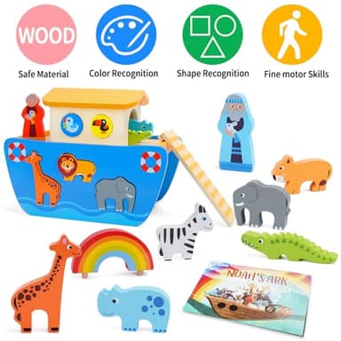 KMTJT Toddlers Wooden Noah's Ark Toy Animal Playset, Baptism Gifts for 1 2 3 Boys Girls, Shape Sorter Early Learning Montessori Toys with Bible Story Book for 12 18 24 Months Babies - Image 2