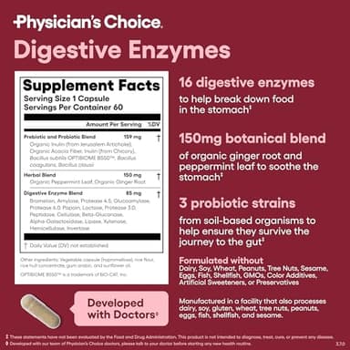 Physician's CHOICE Digestive Enzymes - Multi Enzymes, Organic Prebiotics & Probiotics for Digestive Health & Gut Health - Meal Time Discomfort Relief & Bloating - Dual Action Approach - 60 CT - Image 6