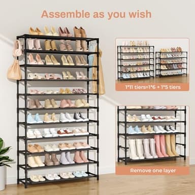 VILICK 11 Tiers Tall Wide Shoe Rack 55 Pairs Large Capacity Sturdy Durable Shoe Rack for Closet Metal Shoe Organizer Shelf with Two Hooks Space Saving for Entryway Black - Image 5