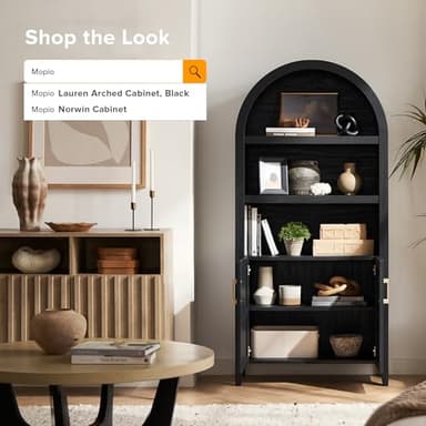 mopio Lauren 65.4" Short Arched Cabinet, 5-Tier Arched Bookcase with Doors and Shelves, Mini Arch Bookshelf with Storage, Wooden Storage Cabinet for Living Room and Kitchen Pantry (Black Accent) - Image 9