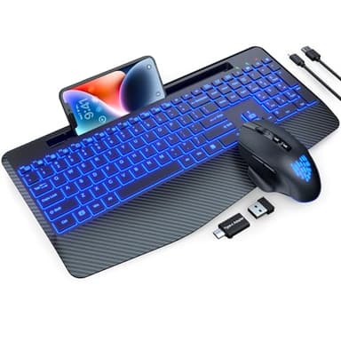 Wireless Keyboard and Mouse Backlits, Wrist Rest, LED Mouse, Rechargeable Ergonomic Keyboard with Phone Holder, Silent Light Up Combo for Computer, Mac, PC, Laptop, Chromebook (Black) - Image 1
