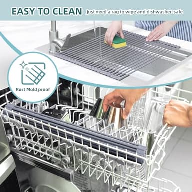 Ohuhu Sink Drying Rack, 20.5" W x 16.1" L Over The Sink Roll-Up Dish Drainer - Rolling Foldable Sink Accessories Heat-Resistant Mat Anti-Slip Silicone Coated Multipurpose for Kitchen Counter - Image 8