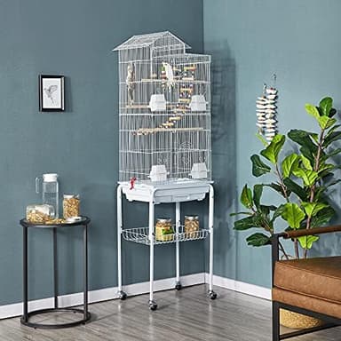 Yaheetech 62.5-inch Roof Top Flight Bird Cage for Parakeets Cockatiels Conures Finches Lovebirds Canaries Budgies Small Parrots, Large Birdcage with Detachable Rolling Stand, White - Image 4