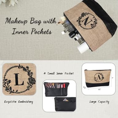 BeeGreen Personalized Gifts for Women Beach Bag Teacher Bag Initial Jute Tote with Zipper Closure Embroidery Large Birthday Gifts for Friends Mother Bride J, Natural and Black - Image 5