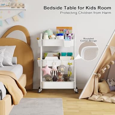 3 Tier Rolling Cart Metal with Wheels, Heavy Duty White Three Tiered Craft Cart Organizer on Wheels, Utility Roller Storage Carts for Art, Baby Nursery, Diaper Caddy, Snack,Book,Nail,Cleaning Supplies - Image 4