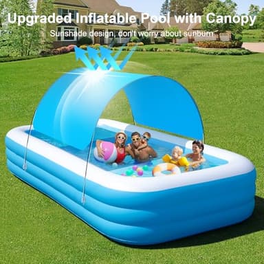 Large Inflatable Pool with Canopy - 145'' x 74'' x 22'' Oversized Thickened Blow Up Pool for Family, Extra Large Swimming Pool with Pump for Backyard, Garden and Outdoor Fun - Image 4
