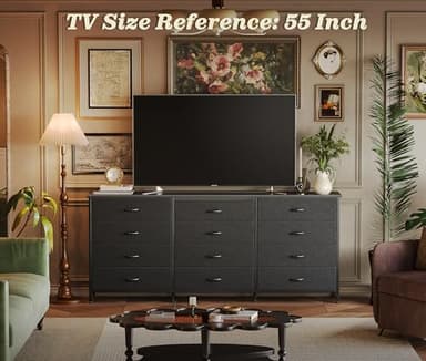Huuger 63 Inch Long Dresser for Bedroom, TV Stand for 65, 70 Inch TV, 12 Drawer Dresser for Closet, Chest of Drawers, Large Fabric Drawers for Bedroom, Media Console with Storage, Black - Image 3