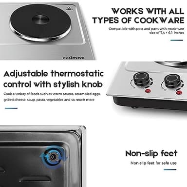 Hot Plate,Cusimax Double Burner 1800W Cast Iron Heating Plate,Electric Stove with Adjustable Temperature Control,Stainless Steel,Suitable for Various Scenarios Upgraded Version - Image 2