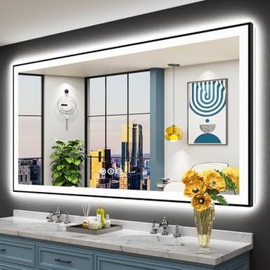 AWANDEE 72x40 Black Framed LED Bathroom Mirror with Lights, Backlit + Front Lit, Anti-Fog Lighted Vanity Mirror for Bathroom Wall with 3 Colors, Stepless Dimmable, Memory, Tempered Glass, ETL Listed - Image 1