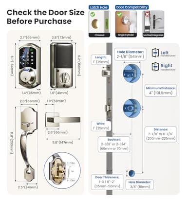 Veise VE07-H Fingerprint Smart Locks for Front Door with Handle Set, App Control, Keyless Entry Keypad Deadbolt, Digital Electronic Touchscreen, Easy Install, Auto Lock, Satin Nickel - Image 9