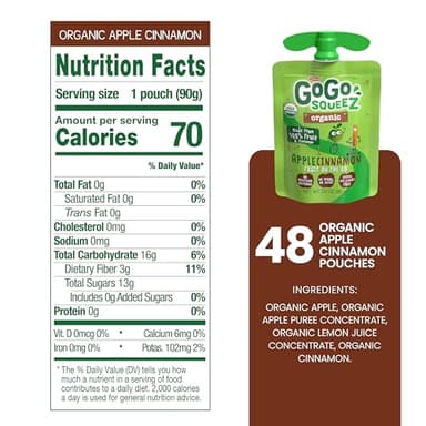 GoGo squeeZ Organic Applesauce and Fruit Puree, Apple Cinnamon, 3.2 oz (Pack of 48), Unsweetened Organic Fruit Snacks for Kids, Gluten Free, Nut Free and Dairy Free, Recloseable Cap, BPA Free Pouches - Image 2
