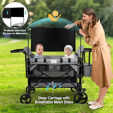 VOOI Stroller Wagon 4 Seater, Wagon for Kids, Collapsible W4 Stroller with Seats with 5-Point Harnesses, Easy Access Zipper Door, and Removable Sun Canopy (Grey, W4-Large) - Image 6