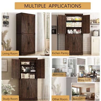 Hlivelood 71" Tall Kitchen Pantry,Farmhouse Storage Cabinet with Adjustable Shelves,Load-Bearing Steel Pipe,Farmhouse Pantry Cabinet with 4 Barn Doors, for Kitchen,Dining Room,Living Room(Brown) - Image 4