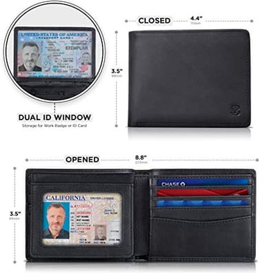 SERMAN BRANDS 2 ID Window Wallet for Men RFID Blocking Leather, Bifold Top Flip, Extra Capacity Travel Wallet (Charcoal Black Executive) - Image 3