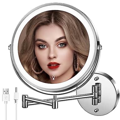 MNIENT Wall Mounted Lighted Makeup Mirror, 8" Rechargeable Double-Sided Light up Magnifying Mirror 1x/10x, 3 Colors Led Vanity Mirror with Lights, Touch Dimmable 360° Rotation Foldable - Image 1