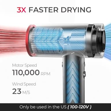 TYMO Hair Dryer with Diffuser for Women - 1500W Professional High Speed Blow Dryer with Comb, 110,000RPM Fast Dry, 200 Million Ionic Hairdryer, 4 Temps & 3 Speeds, 8 Ft Cord for Salon, Metal Gray - Image 2