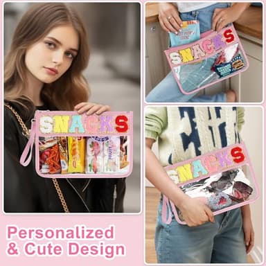 Snack Bag for Travel - Clear Chenille Varsity Letter Flat Pouch with Zipper, 12.2×8.46 inch Waterproof Clear PVC&PU Preppy Patch Makeup Cosmetic tote Bags for Women - Image 4