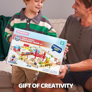 110PCS Wooden Train Set - Urban Journey, City Scene Railway Set with Magnetic Trains, Cars, Helicopter & Ship, Perfect Christmas Birthday Toy Gift for Kids Toddlers Boys Girls Ages 3-8 - Image 7