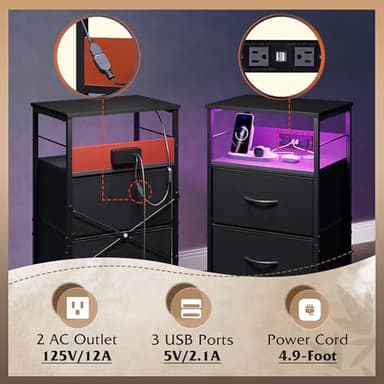 WLIVE LED Nightstand with Charging Station, Black Night Stand with 3 Fabric Drawers and Storage Shelf, Small Dresser for Small Space, 31.9" H Bedside Table with USB Ports and Outlets for Bedroom - Image 6