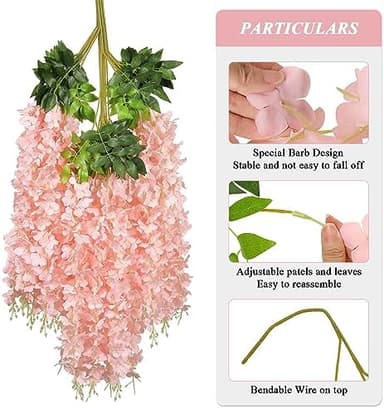 Pauwer Wisteria Hanging Flowers 24 Pack Fake Flower Garland Artificial Wisteria Vines Rattan Silk Flower String Wedding Party Wall Decorations,Blush Pink - Image 4