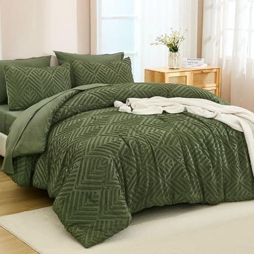 Andency California King Comforter Set Olive Green - 7 Piece Cal King Bed in a Bag Boho Olive Green Tufted Bedding Sets, Bed Set with Comforter, Sheets, Pillowcases & Shams - Image 1