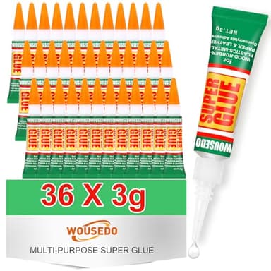 WOUSEDO 36 X 3g Super Glue Clear, Strong Adhesive,Super Glue Fast Drying Cyanoacrylate Glue for Wood,Rubber,Leather, Plastic, Metal, Rhinestone Jewelry, DIY Crafts and More - Image 1