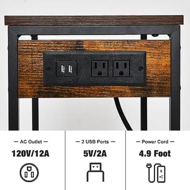 Asgolion Tall End Table with Charging Station, 3 Tier Narrow Tall Nightstand with Storage, Slim Side Table with USB Ports and Outlets for Bedroom, Living Room, Office, Rustic Brown and Black - Image 7