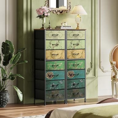 WLIVE Tall Dresser for Bedroom, 7 Drawer Dressers & Chests of Drawers, Fabric Dresser for Closet, Living Room, Night Stand with Metal Frame, Storage Tower with Fabric Bins, Wood Top, Floral Painted - Image 2