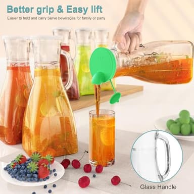 3 Pack Glass Pitcher with Lid, 2 Quart Square Juice Carafe for Mimosa Bar, Drink Dispensers for Parties, 64 Oz Water Jugs with 3 Silicone Spouts for Juice, Wine, Beverage, Sun Tea (Extra PE Lids) - Image 4