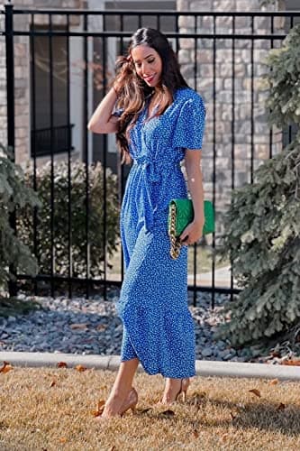 PRETTYGARDEN Women's 2024 Floral Boho Dress Wrap V Neck Short Sleeve Belted Ruffle Hem A-Line Flowy Maxi Dresses (Blue Floral,Large) - Image 8