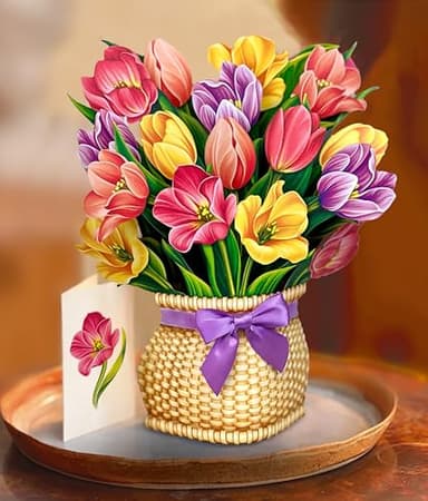 Freshcut Paper Pop Up Cards, Festive Tulips, 12 Inch Life Sized Forever Flower Bouquet 3D Popup Greeting Card, Birthday Cards, Thank You Card, Blank Notecard & Envelope - Image 3