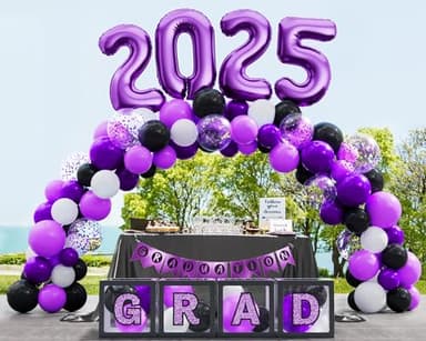 Ecomore Graduation Party Decorations Class of 2025-86 PCS Grad Party Supplies Includes LED Light Strings Balloon Block Boxes with Letters Foil Curtain Backdrop 2025 Balloon Garland Kit -Black Purple - Image 6