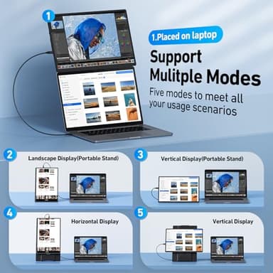 Laptop Screen Extender Monitor Portable - 16.1'' FHD 1200P Portable Screen for Laptops, 360° Rotating, Plug & Play, Detachable Stand, Height Adjustable Laptop Monitor Extender for Mac/Win/Phone/Tablet - Image 3