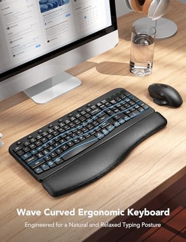 Wireless Keyboard and Mouse Combo – Ergonomic Wave Key, Built-in Leather Soft Palm Rest, 2.4G Full Size, 8 Hotkeys, 6-Button Mouse with 4-Level DPI, Dual USB-A/USB-C, Windows & macOS Compatible - Image 2