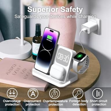 7 in 1 Wireless Charging Station Compatible with Apple Multiple Devices iPhone, AirPods, and Apple Watch - Phone Wireless Charger Fast Charging with Night Lamp and Clock(White) - Image 3