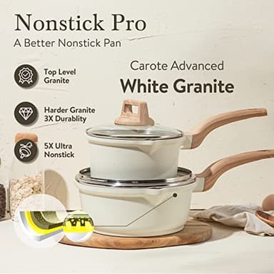 CAROTE 1.5Qt & 3.0Qt Sauce Pan Sets with Lid Cooking Pots Nonstick Saucepans Cookware Set with Pour Spout Small Kitchen Pot, Induction Comptable, Easy to Clean, PFOA FREE (White Granite) - Image 3
