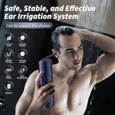 Ear Wax Removal - Electric Ear Irrigation Flushing System, Water Powered Ear Cleaner with 4 Pressure Modes, Safe and Effective Ear Cleaning Tool, Water Resistant USB Rechargeable (Blue) - Image 5