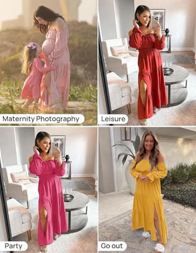 ZESICA Women's 2024 Boho Sexy Off Shoulder Long Sleeve Smocked High Waist Side Split Flowy A Line Tiered Long Maxi Dress,Rust,X-Large - Image 6