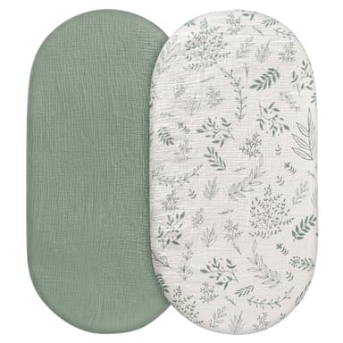 Muslin Bassinet Fitted Sheets, 2 Pack for Baby Boy and Girl, Soft Breathable Stretchy Baby Pad/Mattress Sheet Set, Universal Fit for Hourglass Oval and Rectangle Bassinet Mattress (Natural Leaves) - Image 1
