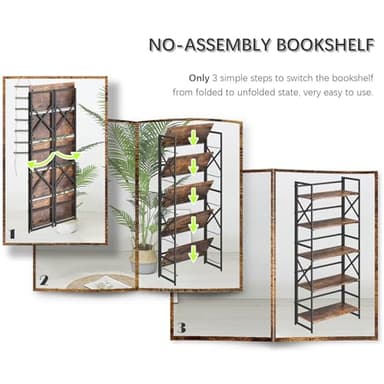 4NM 5 Tiers No Assembly Book Shelves, 51.2" H Folding Bookshelf Bookcase Open Industrial Foldable Shelves for Bedroom, Living Room, Home Office - Rustic Brown Black - Image 6