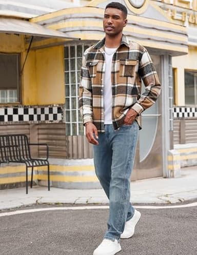 COOFANDY Men's Plaid Jacket Button Up Jacket Overshirt Fall Fashion Shirt with Pockets Khaki - Image 4