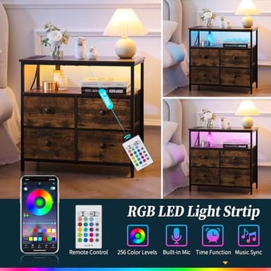Yoobure Night Stand with Charge Station, Nightstand with 4 Drawers Bedside Table, LED Dresser with Storage Shelf, Night Stands for Bedroom, Side Table 3-Tier Wood End Table for Home Rustic Brown - Image 7
